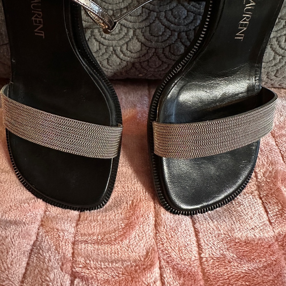 YSL Silver Chain Strappy Sandals 6.5 | Yves Saint Laurent Metallic Heels - Picture 4 of 11